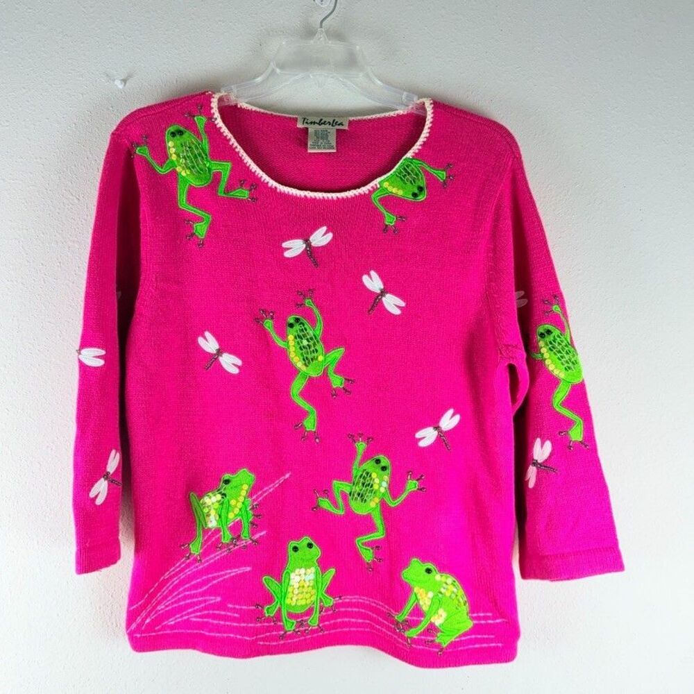 Vintage Timberlea Pink Frog Sweater Embroidered Beaded Sequined Sz L Cottagecore